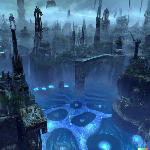 DALL·E 2023-02-26 19.30.07 - picture of a low angle, overhead view of the underwater city of r’lyeh in the style of lovecraft