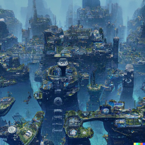 DALL·E 2023-02-26 19.29.20 - picture of a low angle, overhead view of the underwater city of r’lyeh