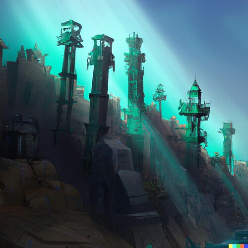 DALL·E 2023-02-26 19.31.27 - picture of an overhead view at a low angle of the underwater city of r’lyeh with light behind it