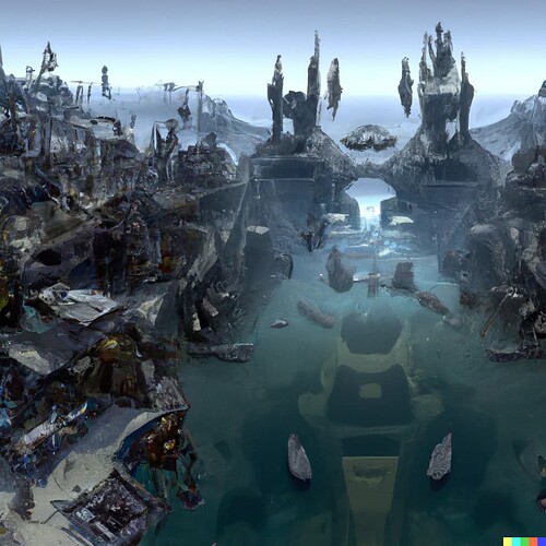 DALL·E 2023-02-26 19.33.44 - picture of an overhead view at a low angle of the underwater city of r’lyeh that fills a wide view. 16 9