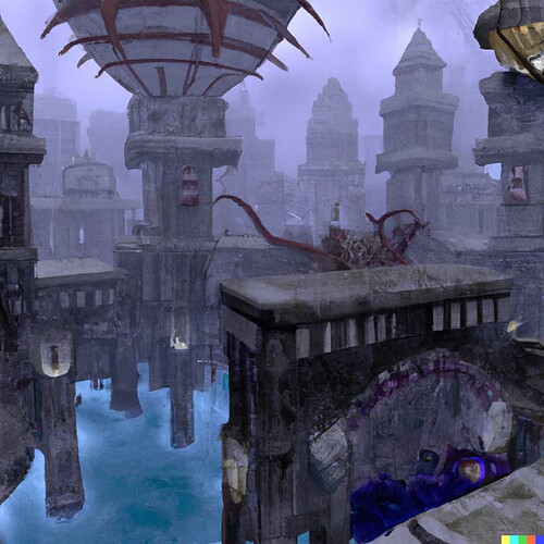 DALL·E 2023-02-26 19.30.00 - picture of a low angle, overhead view of the underwater city of r’lyeh in the style of lovecraft